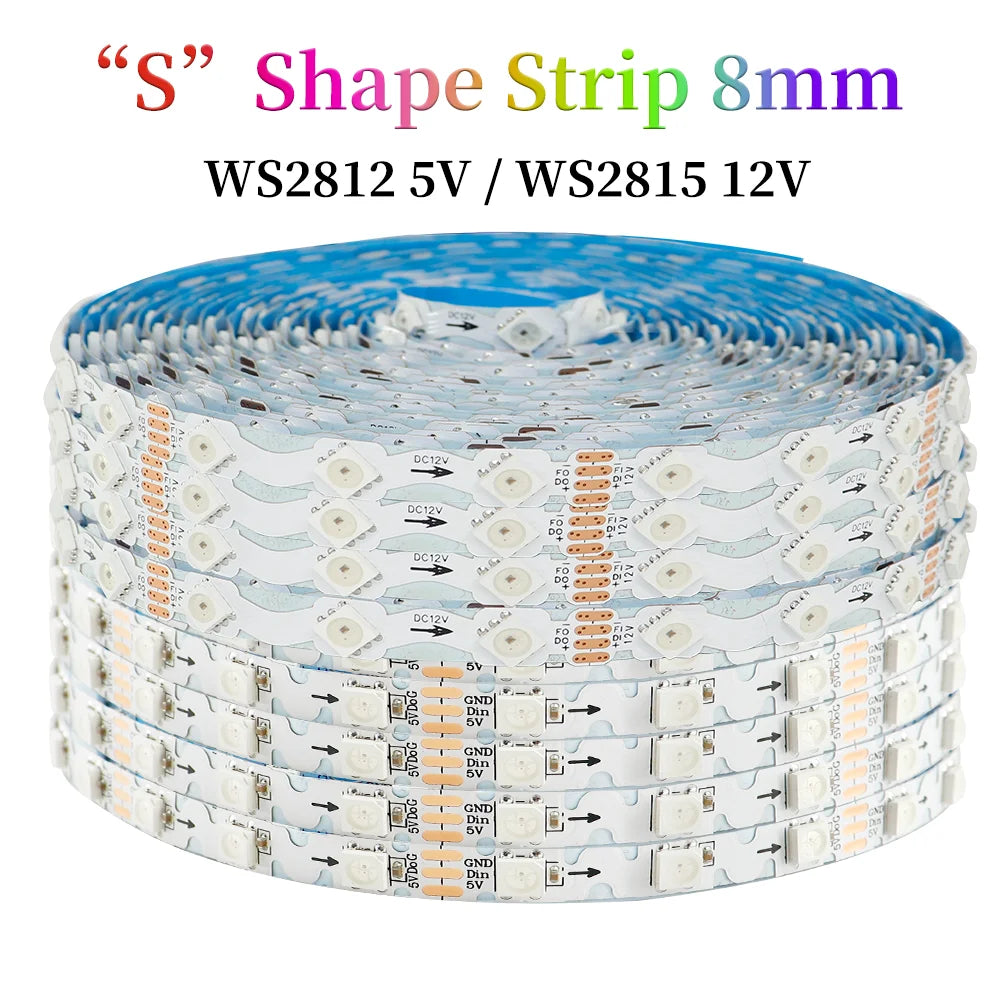 WS2812B WS2815 S-Shape Individually Addressable LED Strip Light 60LEDs/m Smart RGBIC Dream Color S Bendable 8mm Pixels Tape Bar