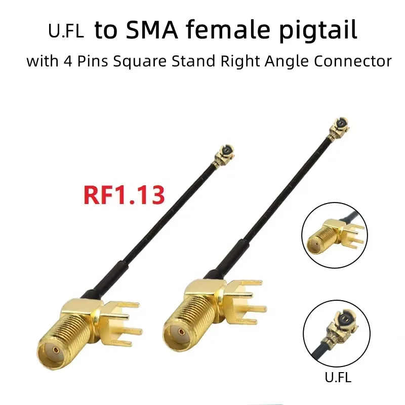 50pcs Cable U.FL /MHF4 to SMA female pigtail with 4 Pins Square Stand Right Angle Connector Jack PCB Panel Mount Plug RF Adapter
