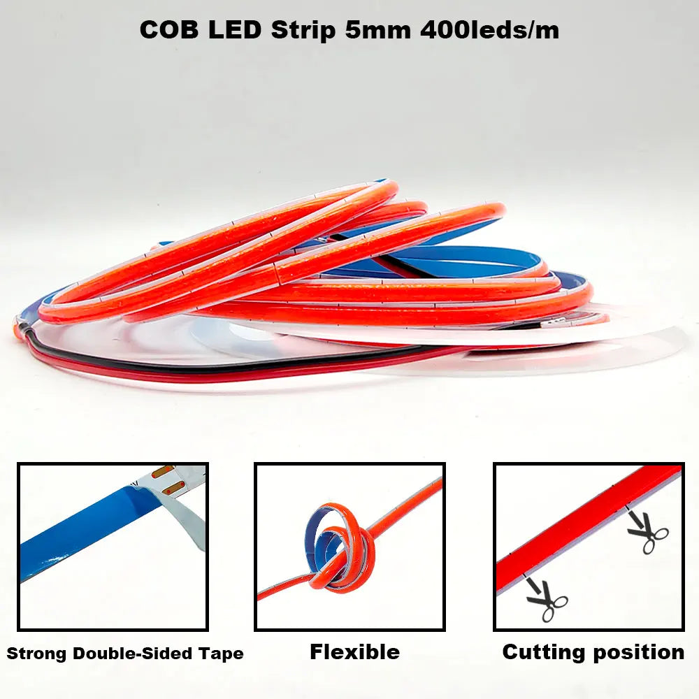 12V 24V COB LED Strip 5mm/8mm PCB 400/480LEDs/m Flexible Red/Green/Blue/Pink/Ice Blue/Yellow Led Strip For Home Decor LED Lights