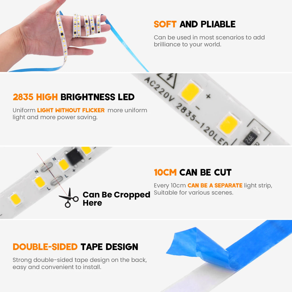 10M 20M 50M/Roll AC 220V 240V LED Strip NO Need Driver IP44 3000K 4000K 6000K 2835 120Leds/M Flexible Ribbon Rope Tape Light