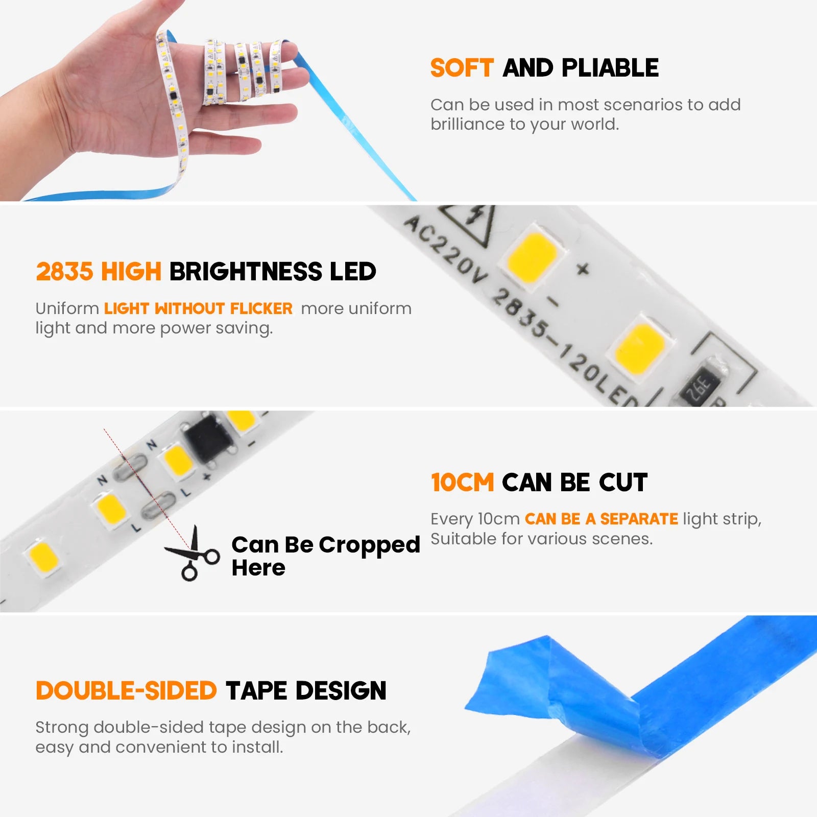 10M 20M 50M/Roll AC 220V 240V LED Strip NO Need Driver IP44 3000K 4000K 6000K 2835 120Leds/M Flexible Ribbon Rope Tape Light