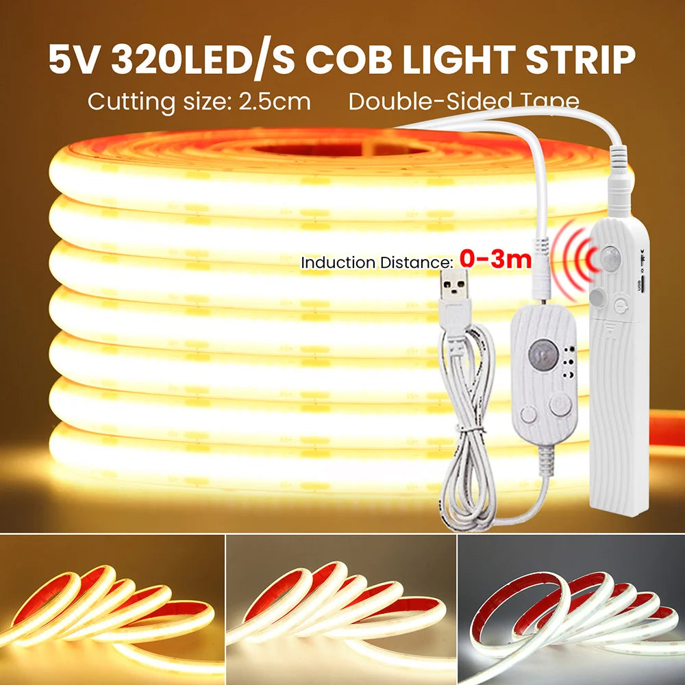 Waterproof Motion Sensor COB Light Battery USB Powered Led Strip IP68 5V Auto ON/OFF Cabinet Kitchen Staircase Liner Lighting