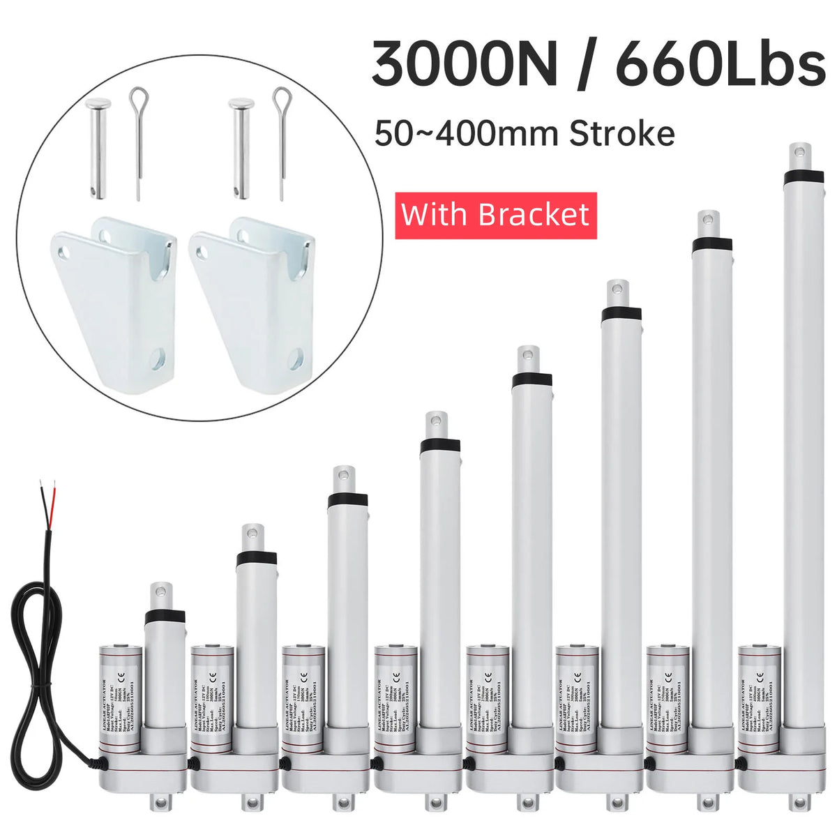 12V Electric Linear Actuator 50/100/150/200/250/300/350/400mm Stroke 3000N Electric Reciprocating Lifting Linear Motion Actuator