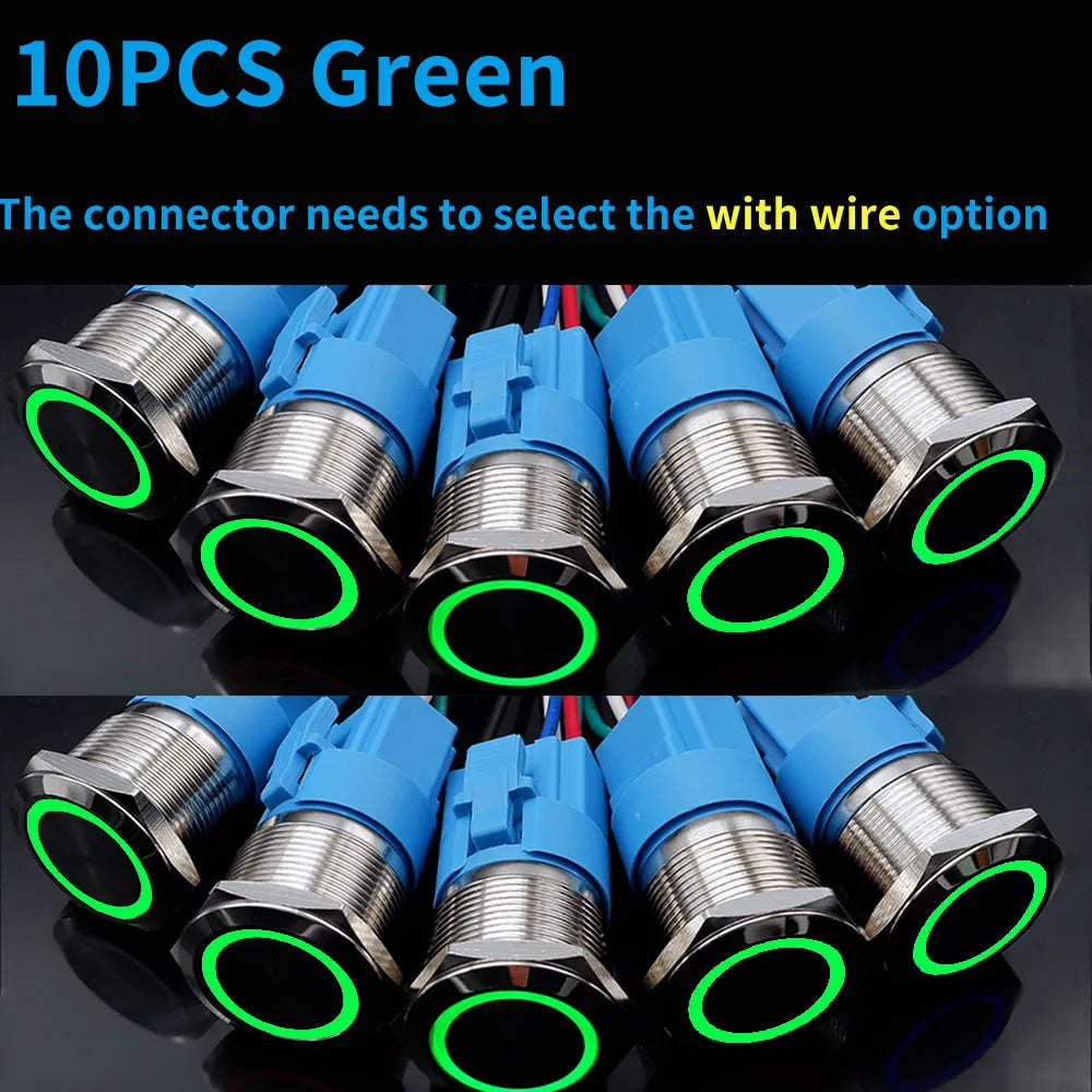 10PCS 16mm 19mm Metal Power Switch Button Flat Round LED Lamp Light Waterproof Latching /Self-reset Button Car Start Switch 12V