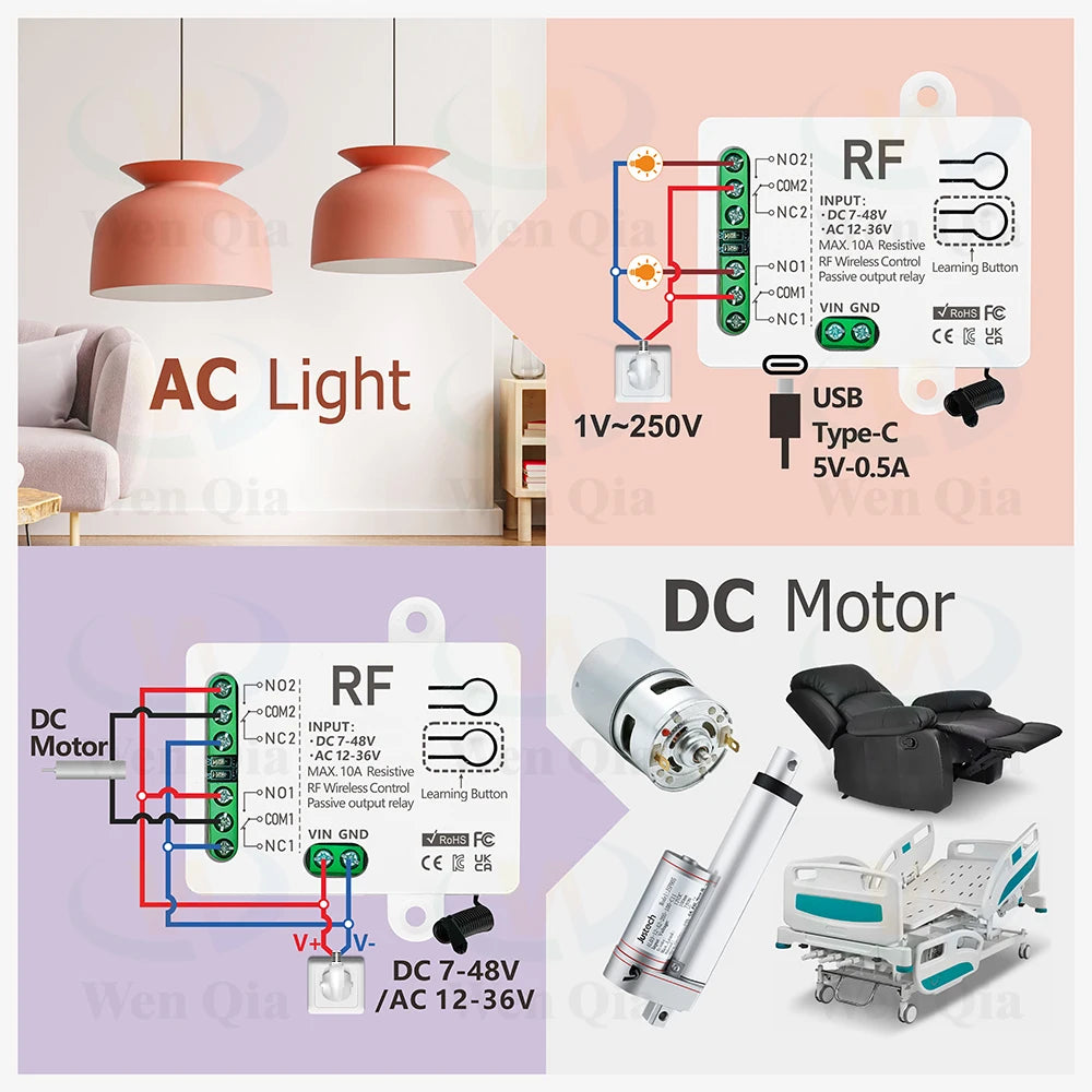 433MHz Wireless Remote Control Switch 2 CH DC 12V 24V 36V 48V Type-C 5V RF Relay Module for Light/Fan/Motor/Garage Door Opener
