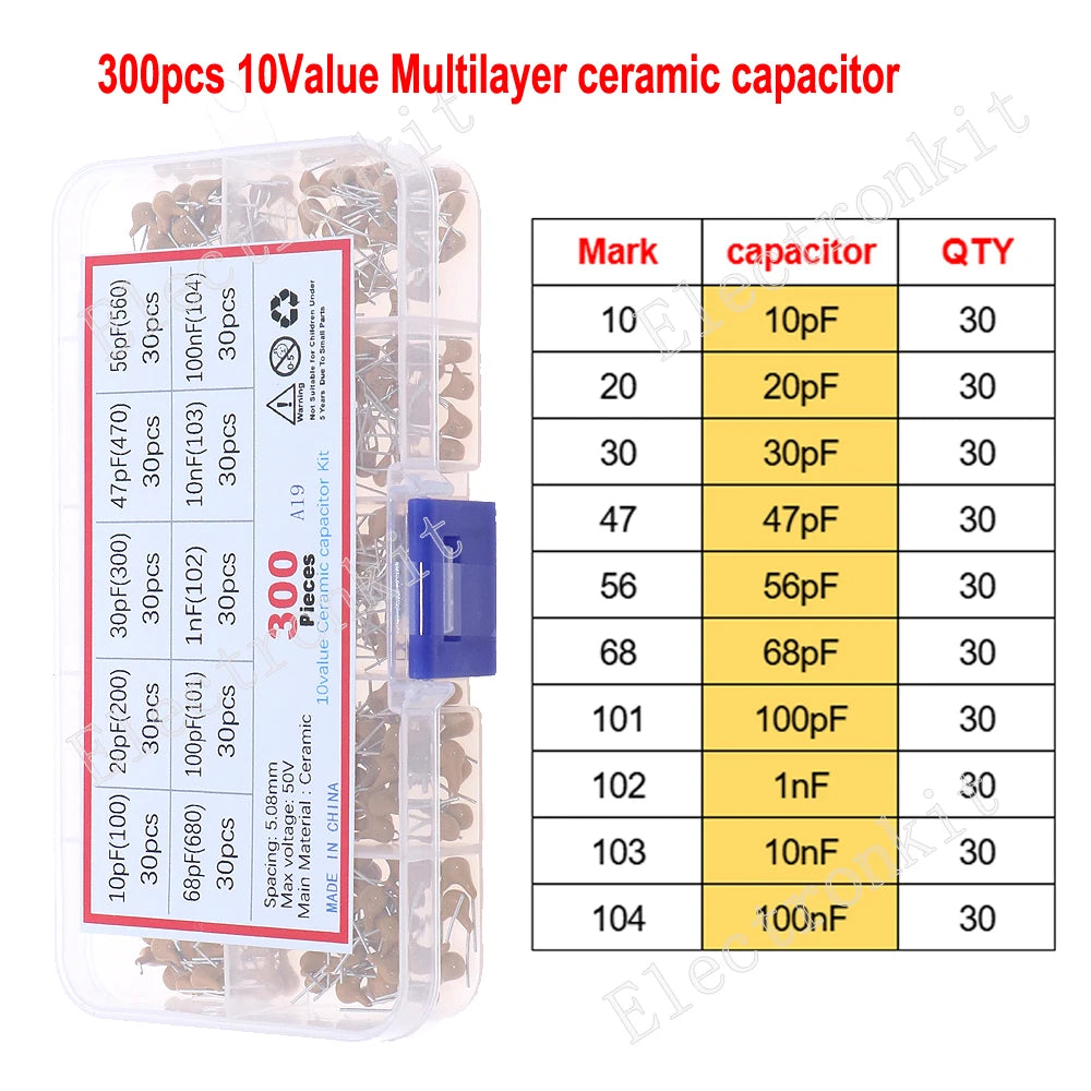 50V 10pF~10uF Multilayer Ceramic Capacitor Assorted kit Pin=5.08mm