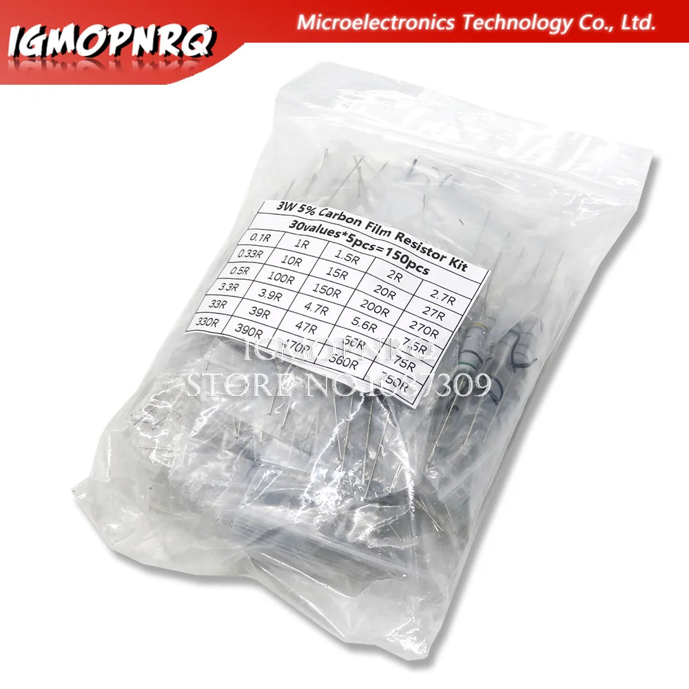 150PCS 300PCS Resistor Kit 1W 2W 3W 5W 5% 30Kinds X 10PCS Carbon Film Resistance 0.1-750 ohm Set 1k-820K 30Kinds X 5PCS hjxrhgal