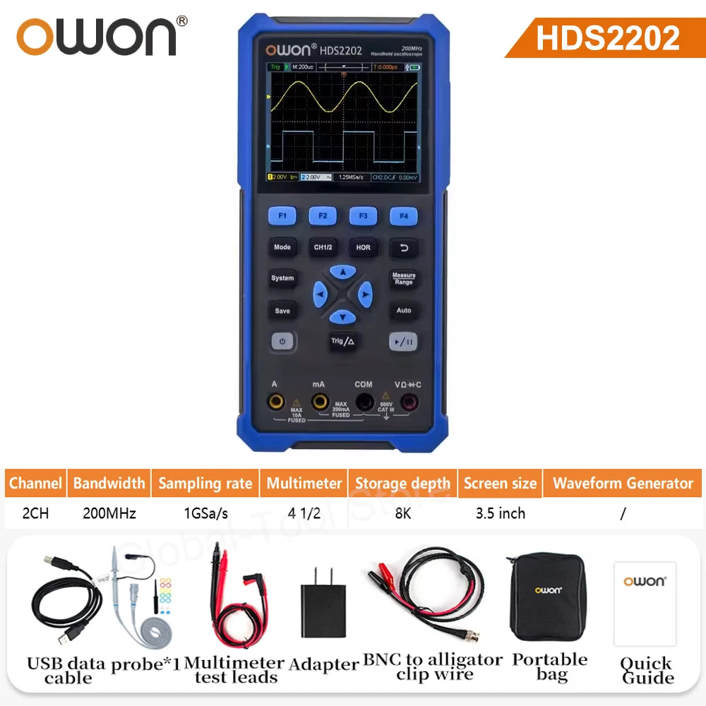 OWON HDS2202S 2102S Digital Oscilloscope 2Channels 200Mhz 1GSa/s Portable 3in1 USB Osiclloscopes + Multimeter+Waveform Generator