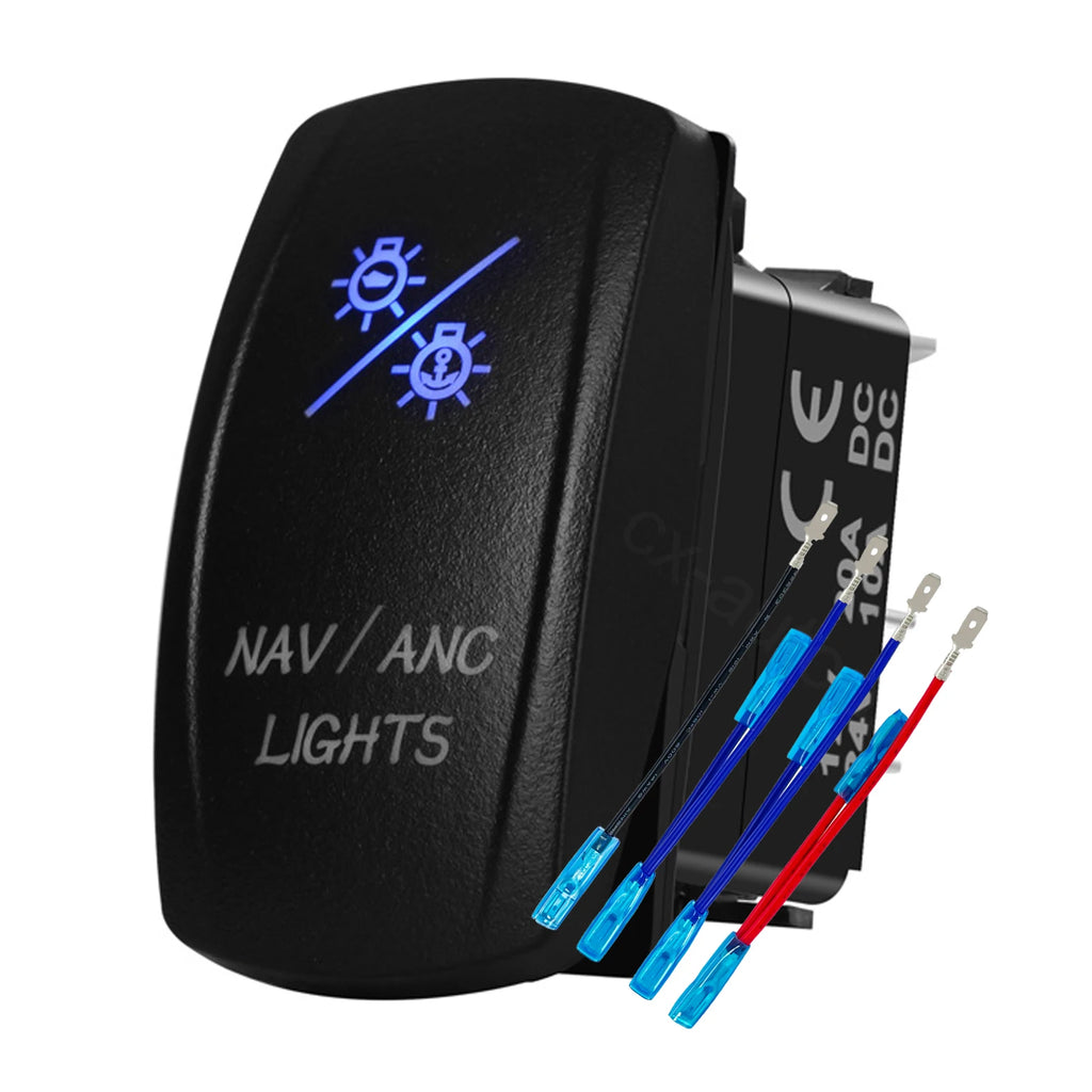 12V 24V Boat Trim Tabs Switch (ON)-OFF-(ON) Momentary Rocker Switch Waterproof Blue Light ON-OFF Toggle Switch With Harness