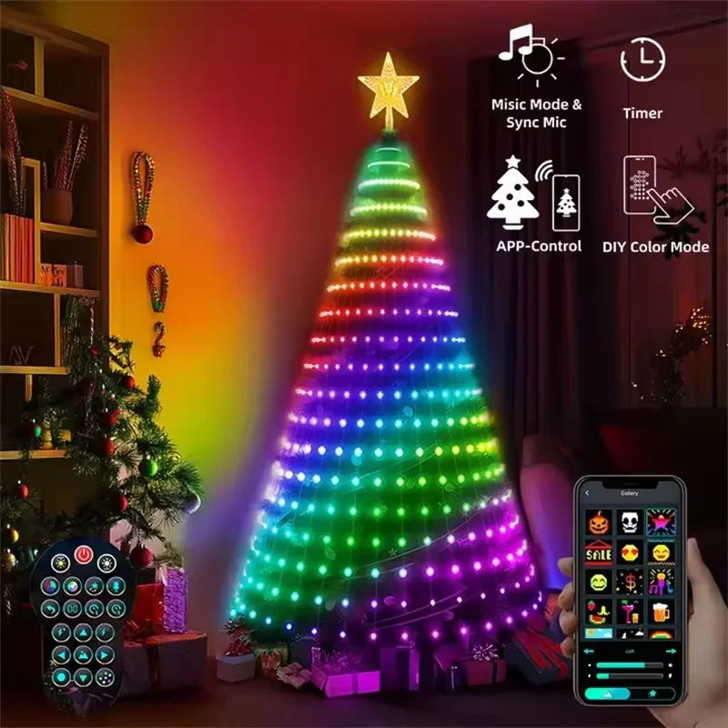 RGB Christmas Tree Waterfall Lights With Star Topper,APP Remote Control LED String Lights Multicolor Fairy Light Indoor Outdoor