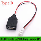1/5/10Pcs/lot USB Male/Female to XH2.54 /PH2.0/1.25mm Female Plug adapter cable  2P 26AWG 20CM Toy Fan drone connector cable