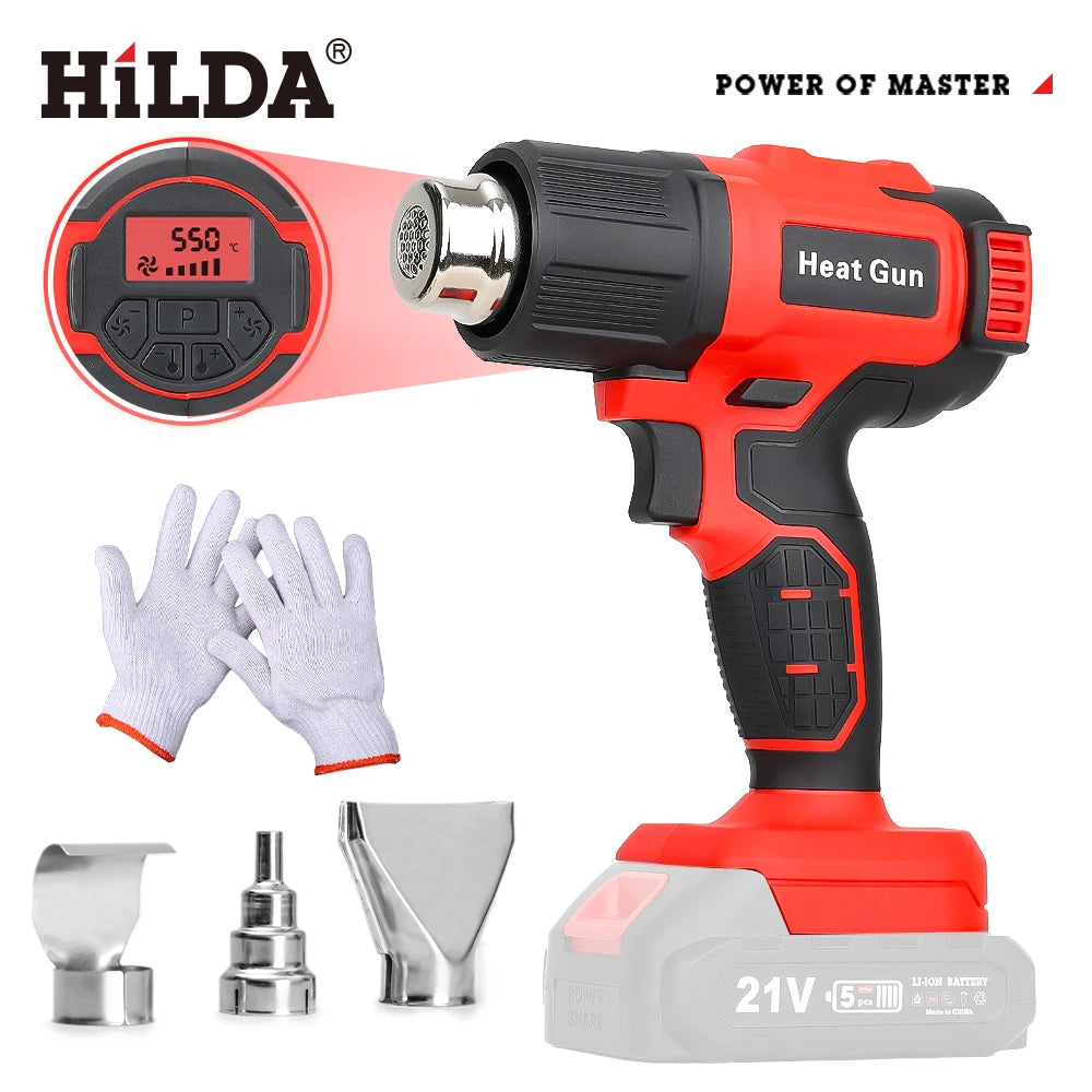 HILDA 21V Cordless Hot Air Gun Adjustable Temperature Rechargeable Handheld Heat Gun with Nozzles Compatible for Makita Battery