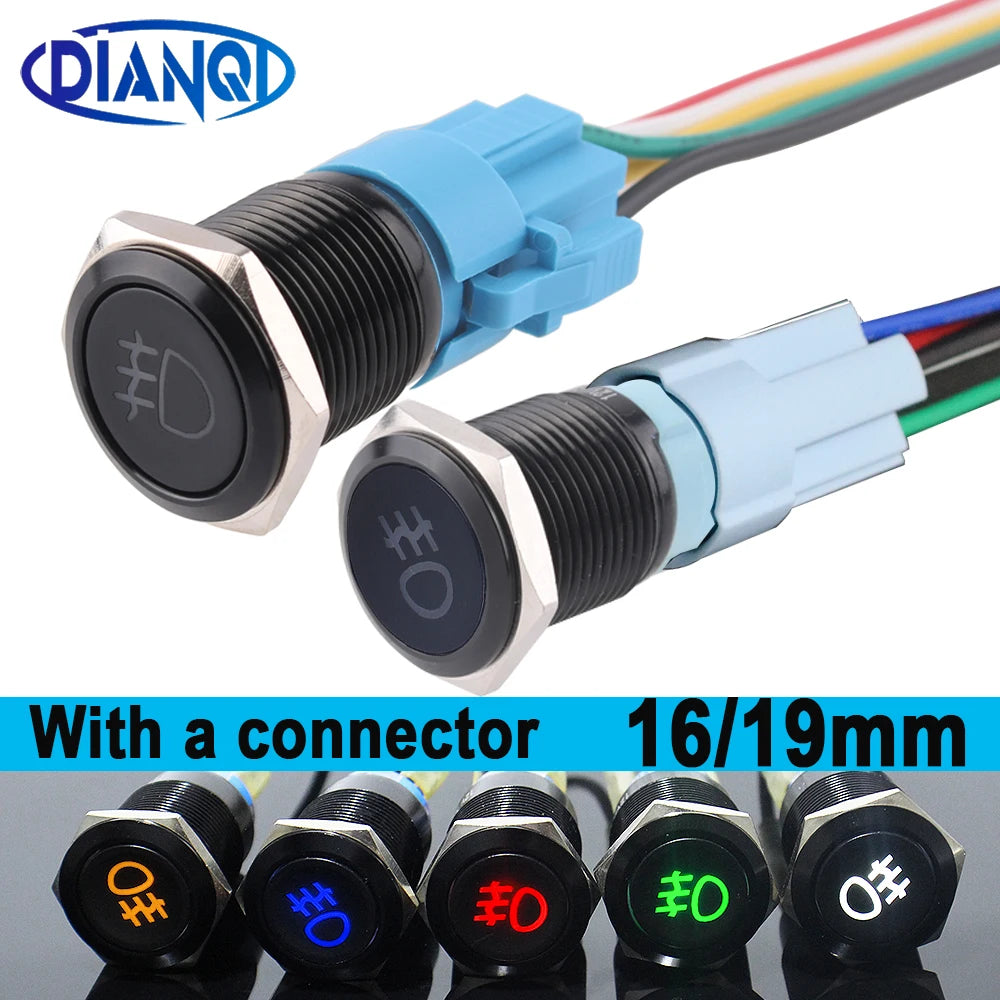 1pc 16/19mm Momentary Reset Fog Lamp Metal Push Button Switch with Connector Car Symbols LED Oxidized Black 12V Latching Fixed