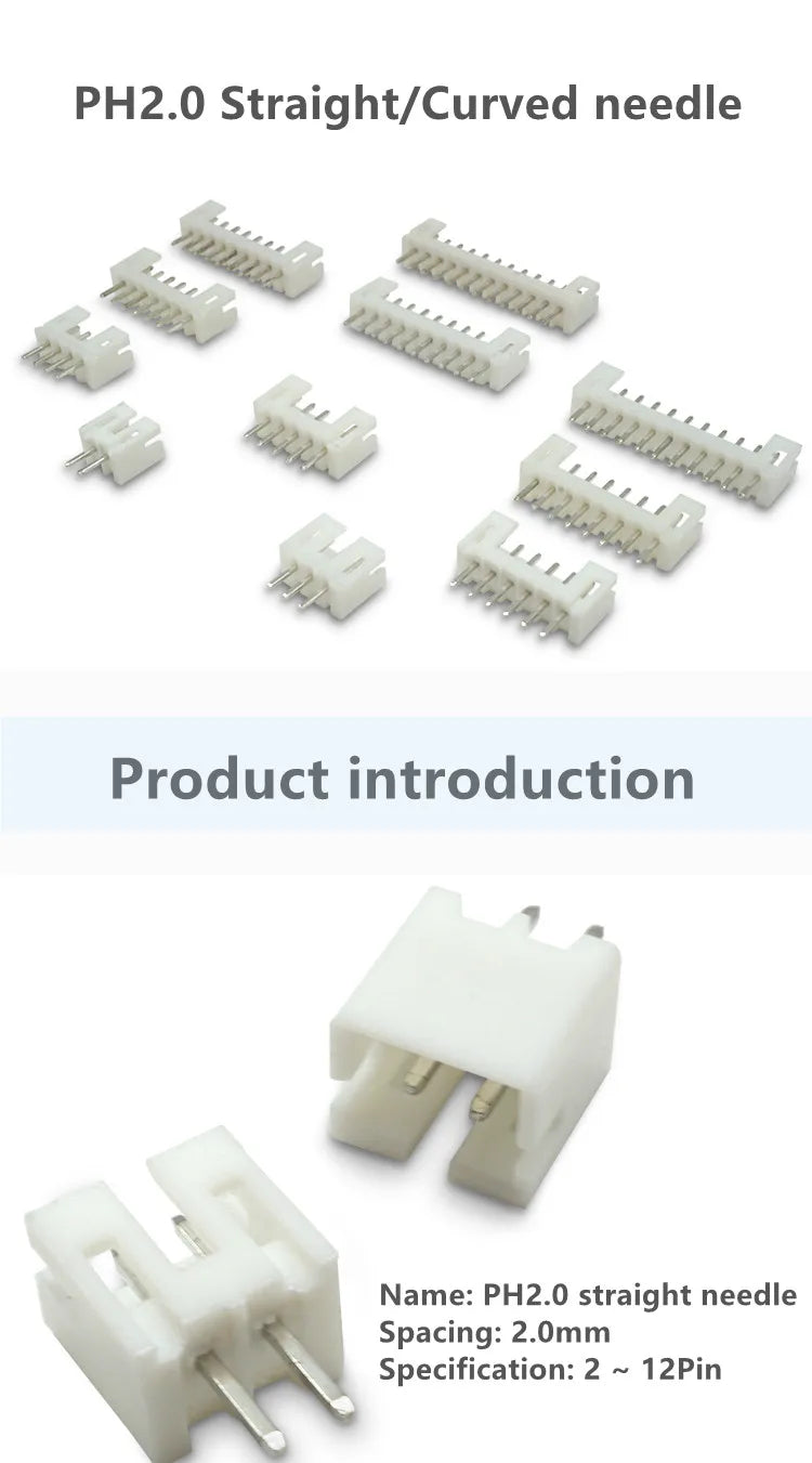 100pcs /LOT JST PH2.0 Straight/Curved Needle Connector 2Pin~16Pin Male Pin Header Right Angle 90°/180° 2.0mm Pitch