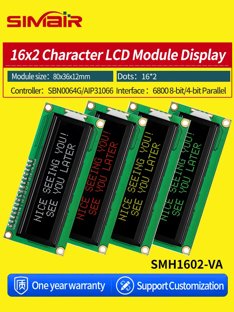 16x2 Character LCD Module Display Screen 162 LCM RED Green White Yellow VA Black Background 5V 3.3V for DIY Projects