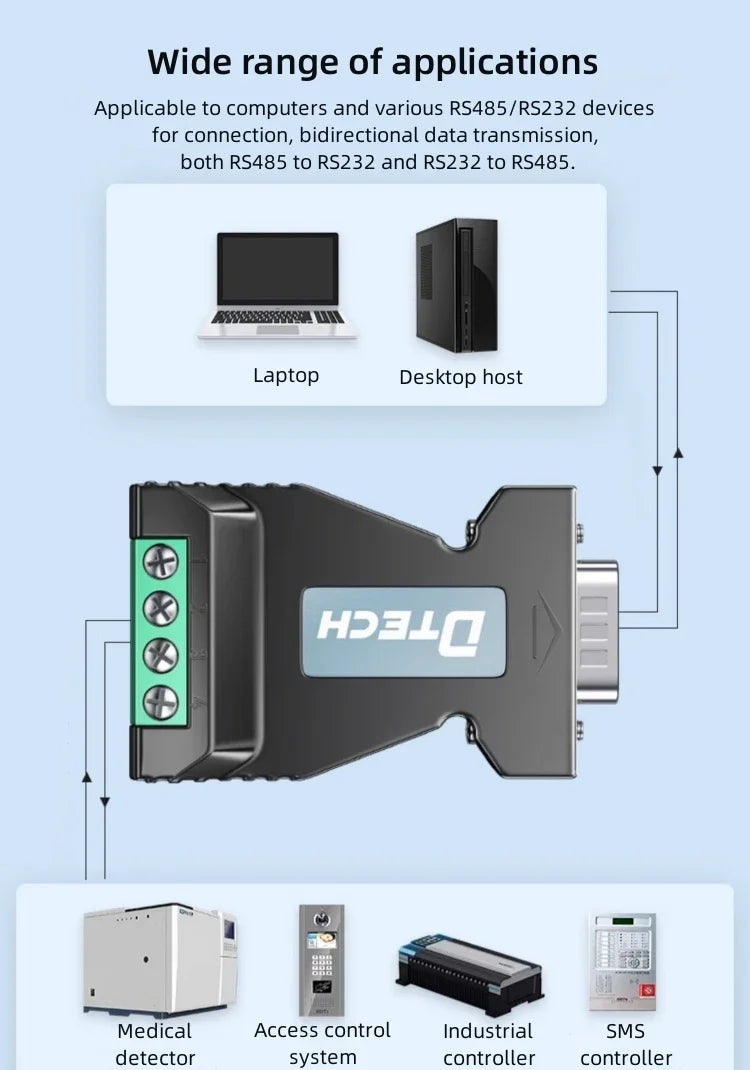 2PCS DTECH Plug And Play DB9 Male RS232 Serial To RS485 Converter DT-9001B