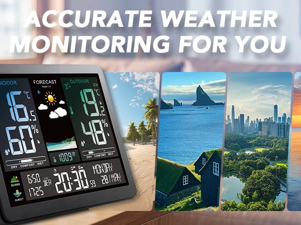Wireless Weather Station Digital Indoor Outdoor Thermometer Hygrometer with 3 Remote Sensors Sunrise Sunset Forecast Alarm Clock