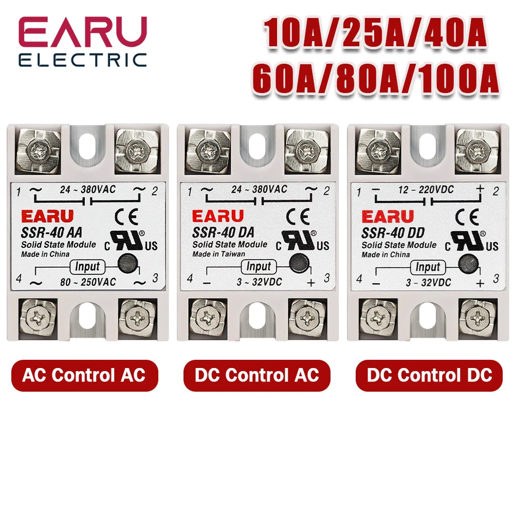 EARU Solid State Relay Single Phase SSR-25DA SSR-40DA SSR-40AA SSR-40DD SSR 10/25/40/60/80/100A DD DA AA PID Temperature Control