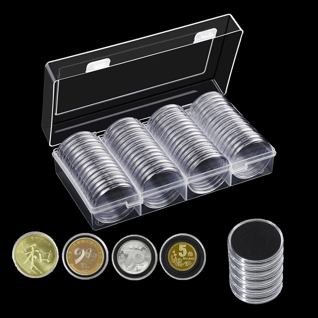 60Pcs 41mm Coin Capsules with Black Gaskets and a Storage Organizer Box for 5 Sizes (21/26/31/36/41mm) Coins Collection Holder
