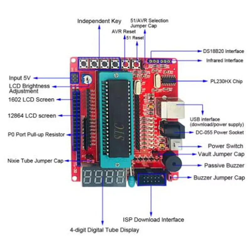 8051 Development Board STC89C52 Industrial Grade Microcontroller C51 USB Programmable MCU Controller System Board LED Marquee