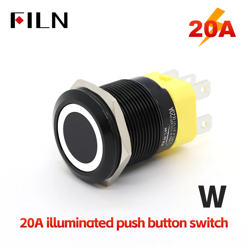 FILN 22mm 20A Stainless Steel Push Button Switch Waterproof IP66 High Current 12V/24V/110V/220V Auto Marine Industrial Control