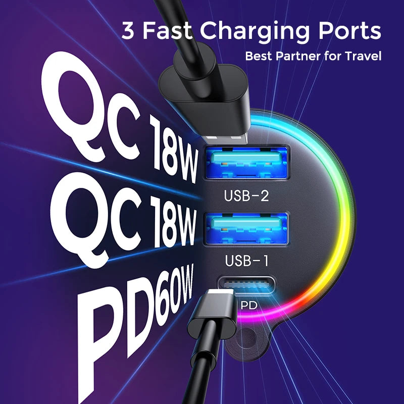 Joyroom Bluetooth 6.0 FM/AUX Transmitter Car Adapter Audio FM Transmitter Bass Boost 3 Ports PD&QC 3.0 FM Bluetooth Fast Charger