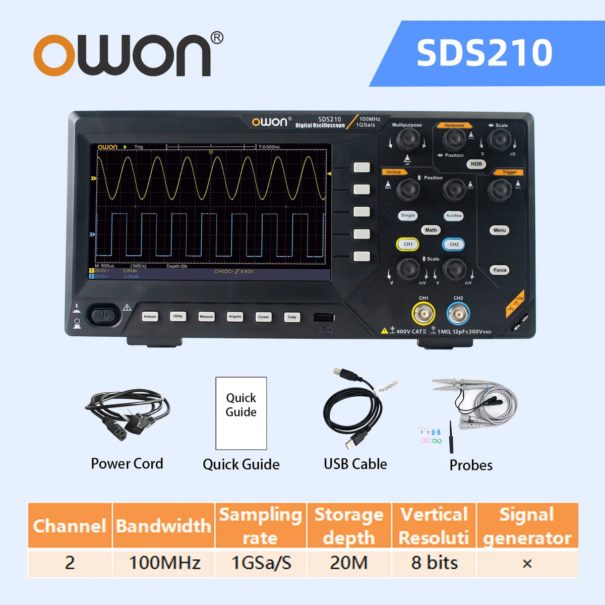 Owon SDS210S 2CH 100-200MHz 1GS/s 14Bit 25MHz FFT Scope Digital Oscilloscope  with Signal Generator Function