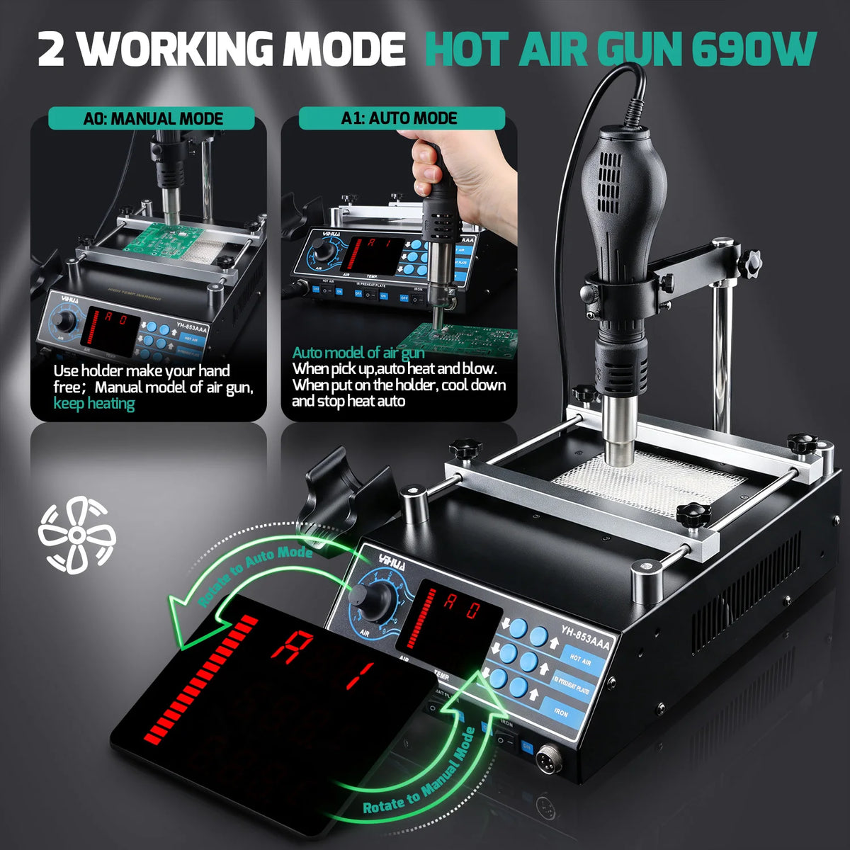 YIHUA 853AAA 1200W Preheating Station PCB Preheater Soldering Station BGA Rework Station Soldering Iron Heat Gun Welding Station