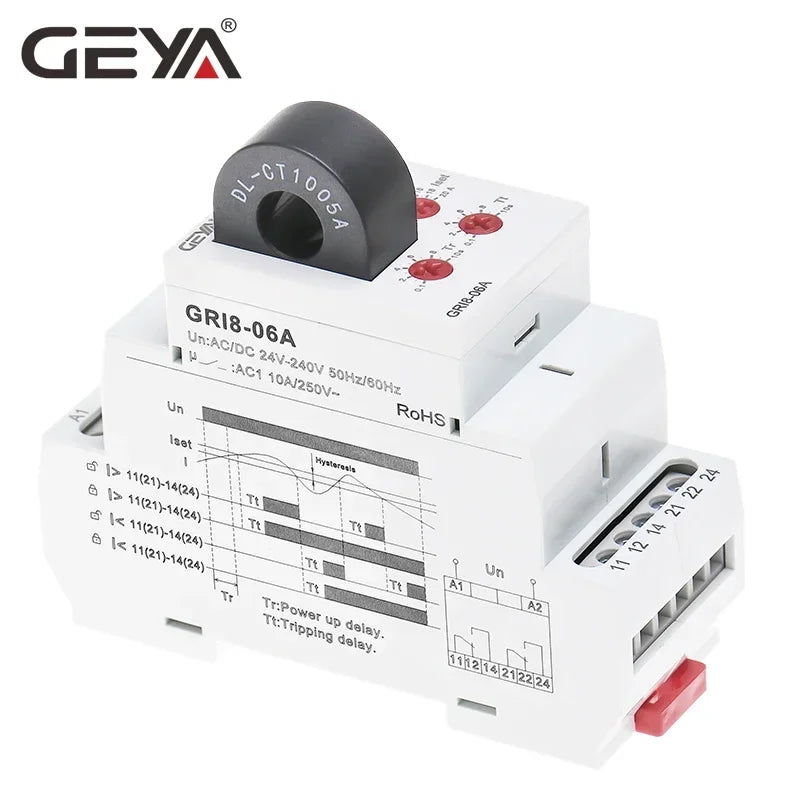 GEYA GRI8-06 DC Current Sensor Relay 18mm Width 2CO 8A AC/DC Current Testing Relay 24V-240V Wide Range