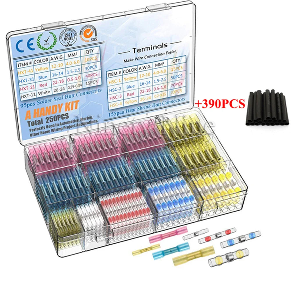 640/250PCS Waterproof Heat Shrink Butt Crimp Terminals Solder Seal Electrical Wire Cable Splice Terminal Kit with Hot Air Gun