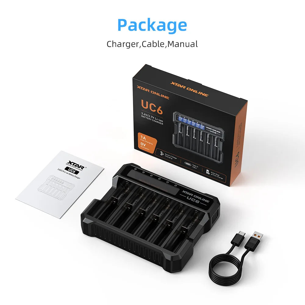 MC6C 6-Slot Independent Charger LCD Display for Li-ion Ni-MH USB-C Input 0V for 21700 18650 Li Battery AA AAA Battery Activation