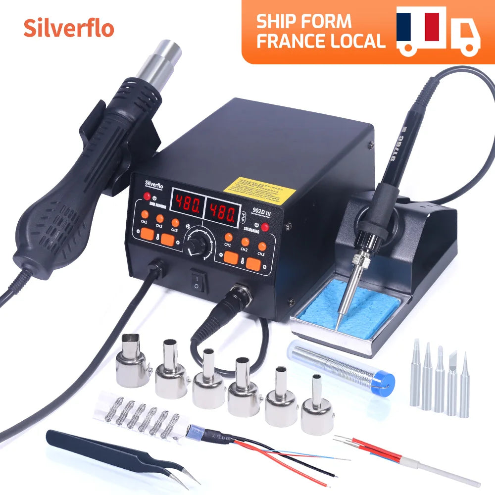 Silverflo 902D-III Soldering Station 2 in 1 Hot Air Soldering Station Rework Station with 3 Preset Channels for SMD PCB Repair
