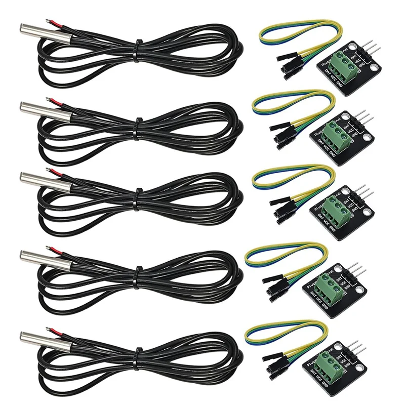 -ABAB Stainless Steel For Raspberry Pi DS18B20 Waterproof Temperature Sensor Probe Moudle Module Kit, 5 Pieces, 1 Meter