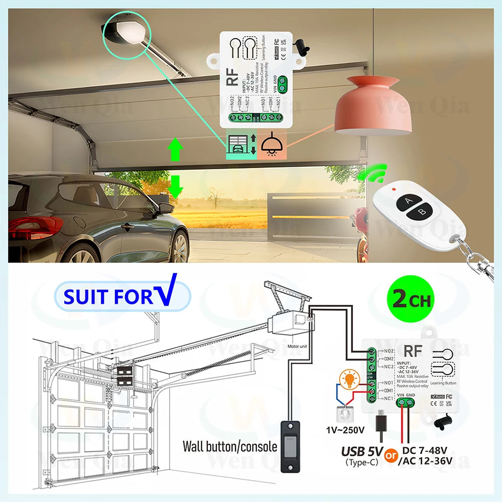 433MHz Wireless Remote Control Switch 2 CH DC 12V 24V 36V 48V Type-C 5V RF Relay Module for Light/Fan/Motor/Garage Door Opener