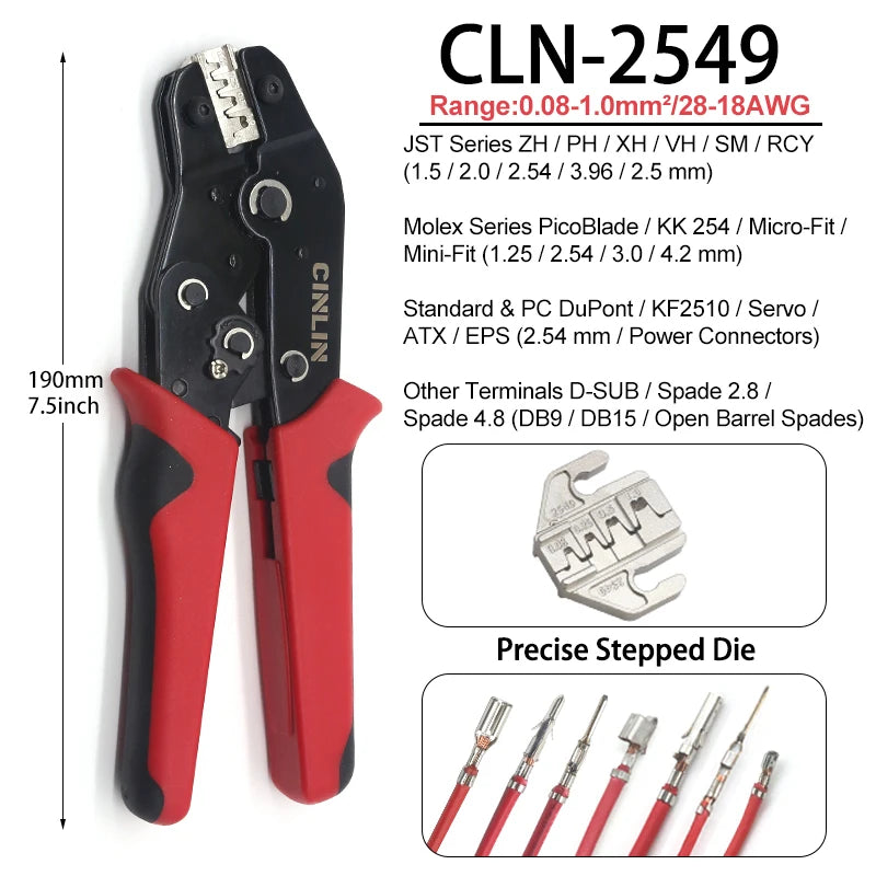 CLN-58B 0.25-1.5mm² Open Barrel Terminals Pliers Crimping Tool (24-16AWG) for JST, DuPont, Molex, PH XH 2.54 3.96 4.2mm Pitch