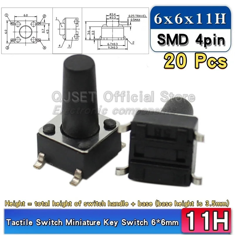 20pcs SMD Tactile Switch 6*6*4.3mm 6x6x5/6/7/8/9/10/11/12/13/14mm 6X6 4-Pin SMT Induction Oven Touch Tactile Button Micro Switch