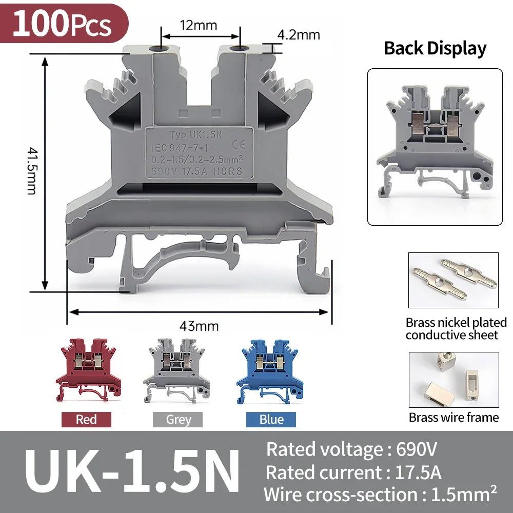 UK-2.5B DIN Rail Universal Brass Block Screw Clamp Wiring Voltage Terminal UK1.5N/3N/5N/6N/10N/16N/25N/35N/50N