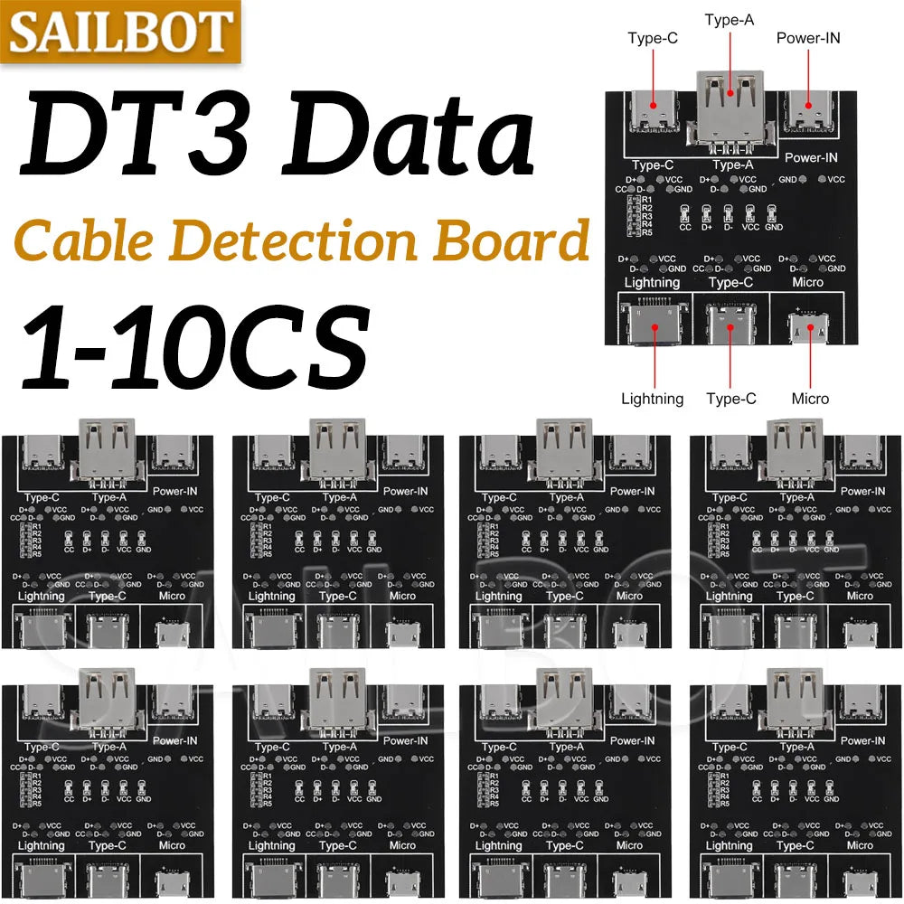 DT3 Data Cable Detection Board Type C USB C Micro USB Cable Tester Detector for Apple IOS Android Fast Quick Charging Lighting