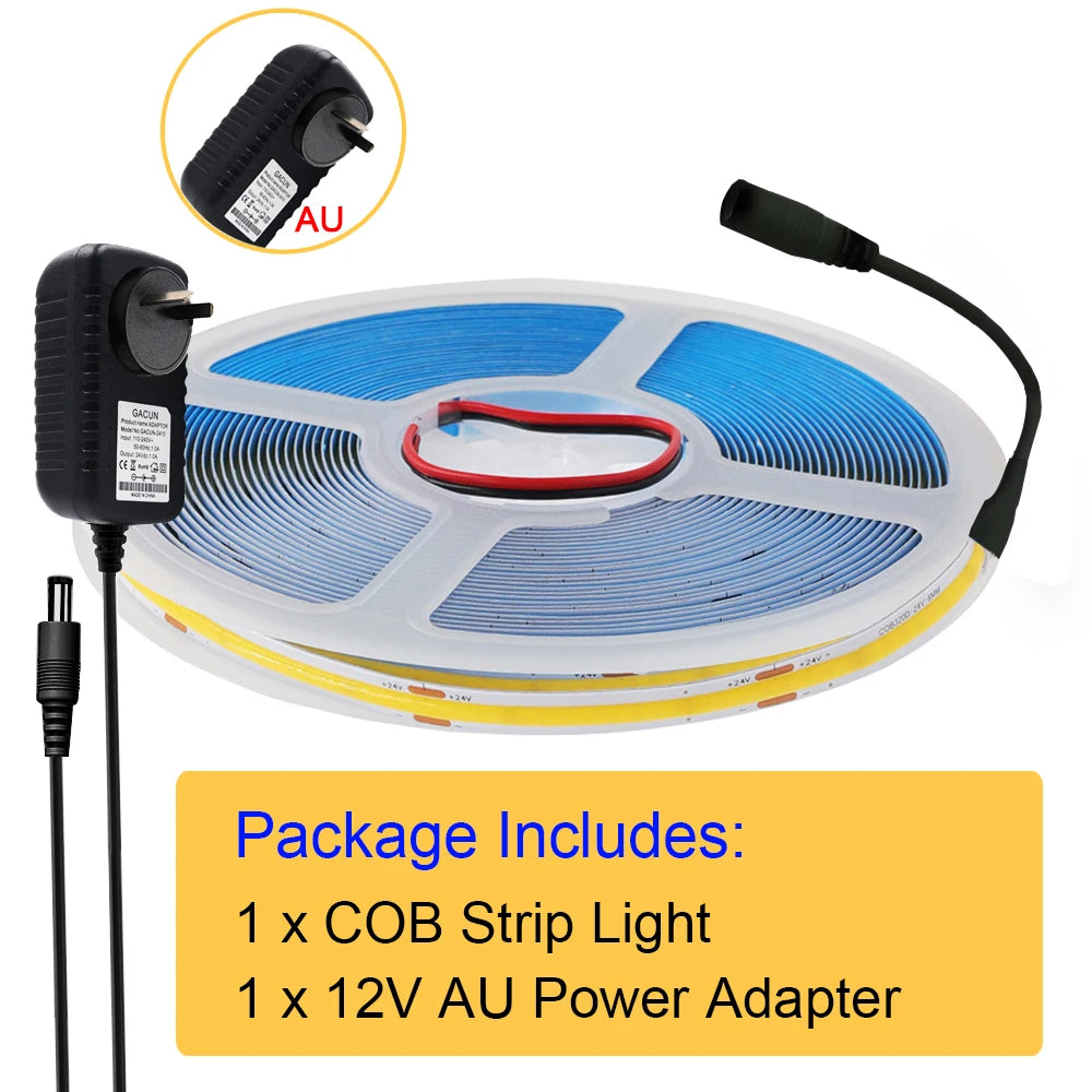 New 12V COB Led Strip With Switch Power Kit US EU UK AU Plug Flexible Light Tape Ra90 320 Leds High Density Linear Lighting