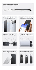 Baseus 5000mAh Magnetic Power Bank 22.5W USB-C & 7.5W/15W Wireless Charging 6.9mm Card-Slim NFC Battery Monitoring for iPhone 17