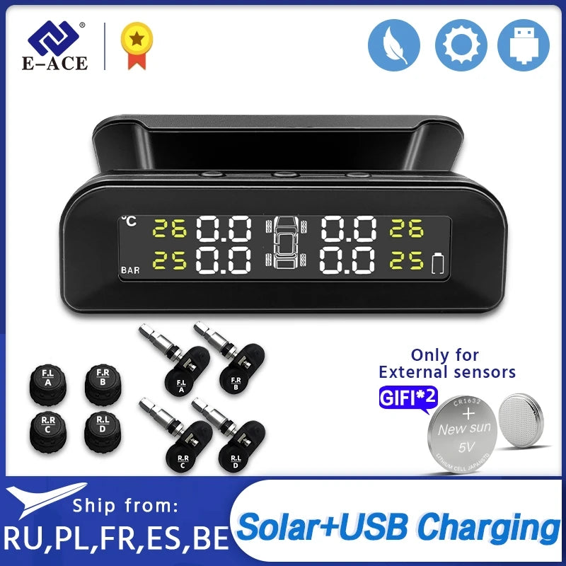 E-ACE K07 TPMS Solar Sensor Intelligence Wireless Tire Pressure Monitoring System Temperature Warning With 4 Sensors