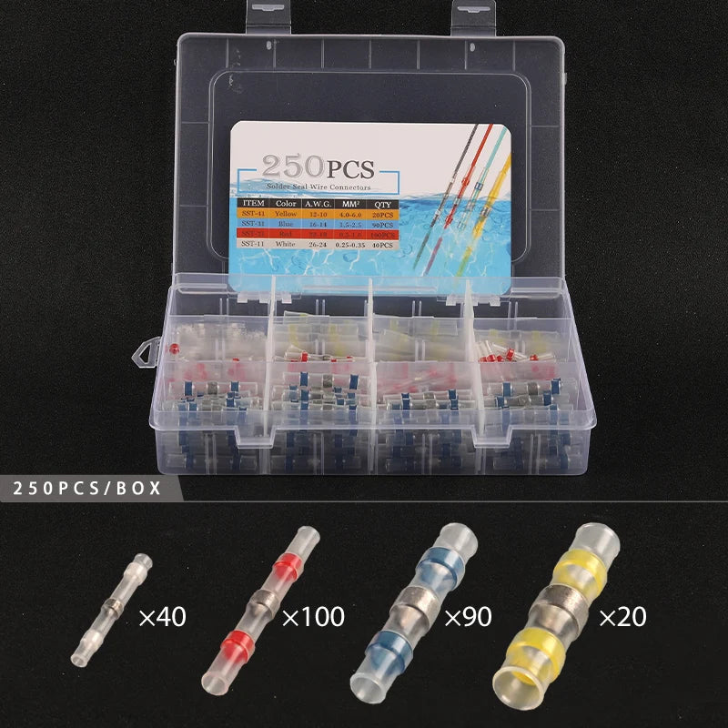 50/100/120/150/250/400Pcs Boxed 26-10AWG 0.25-6mm Waterproof Solder Seal Sleeve Splice Terminals Heat Shrink Tin Butt Connectors