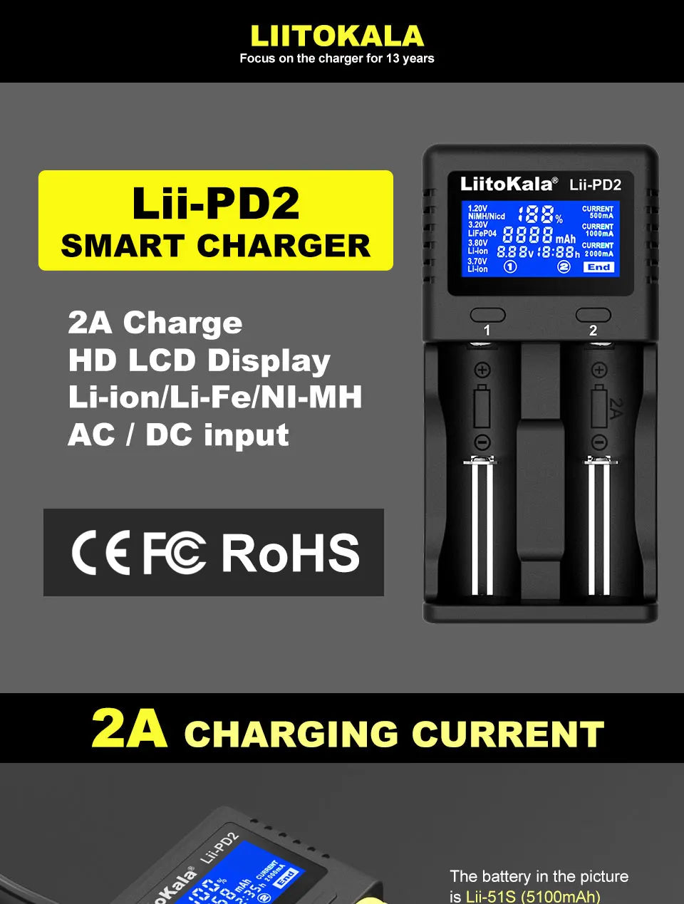 LiitoKala Lii-PD4/PD2 AC PD Charger LCD Fast Charging 4/2-Bay for 21700/18650/AA/AAA Multi-Protection Auto-Detect