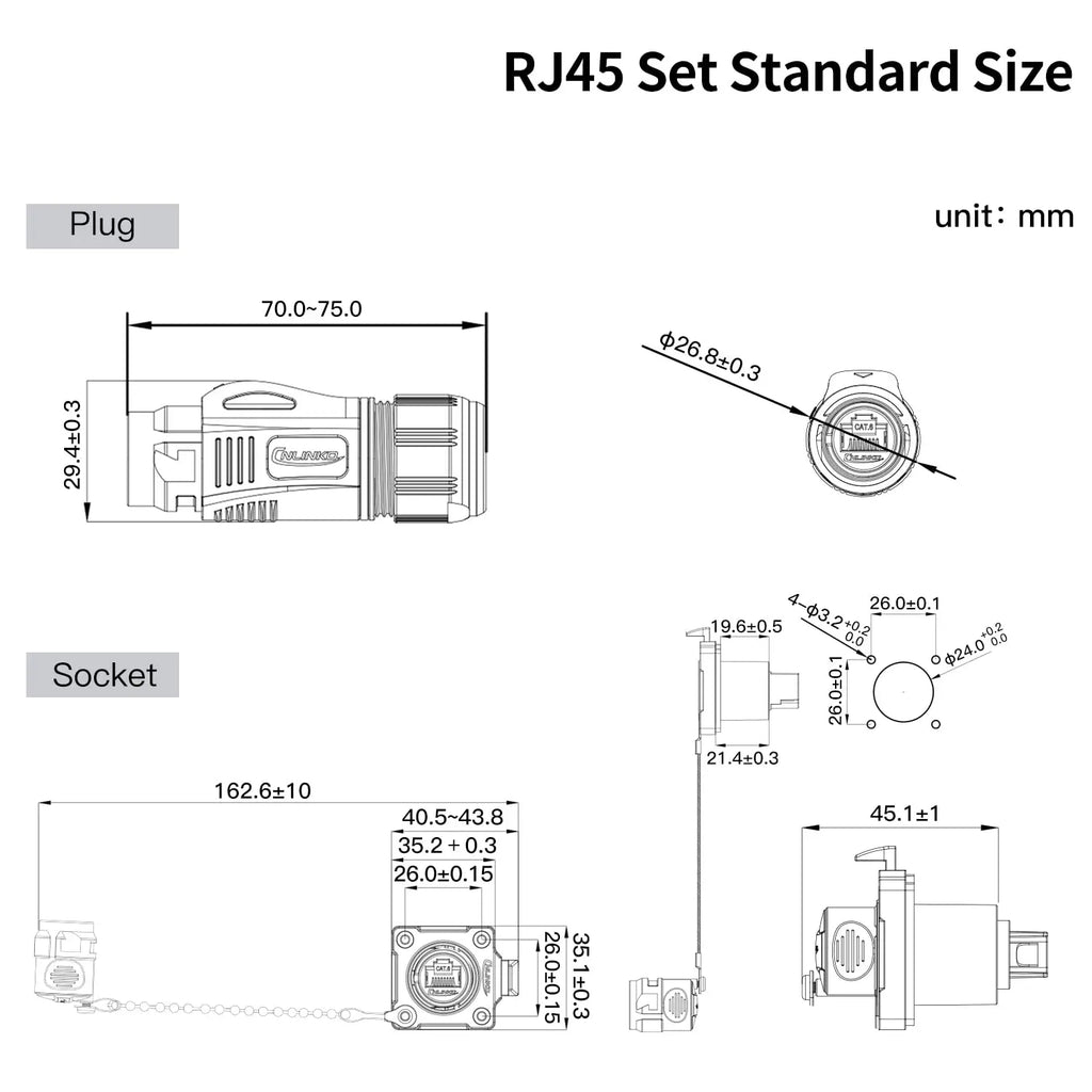 CNLINKO Panel Mount IP68 RJ45 Connector M24 Metal Shell Waterproof Ethernet Port for Industrial Device & Network Cabinet