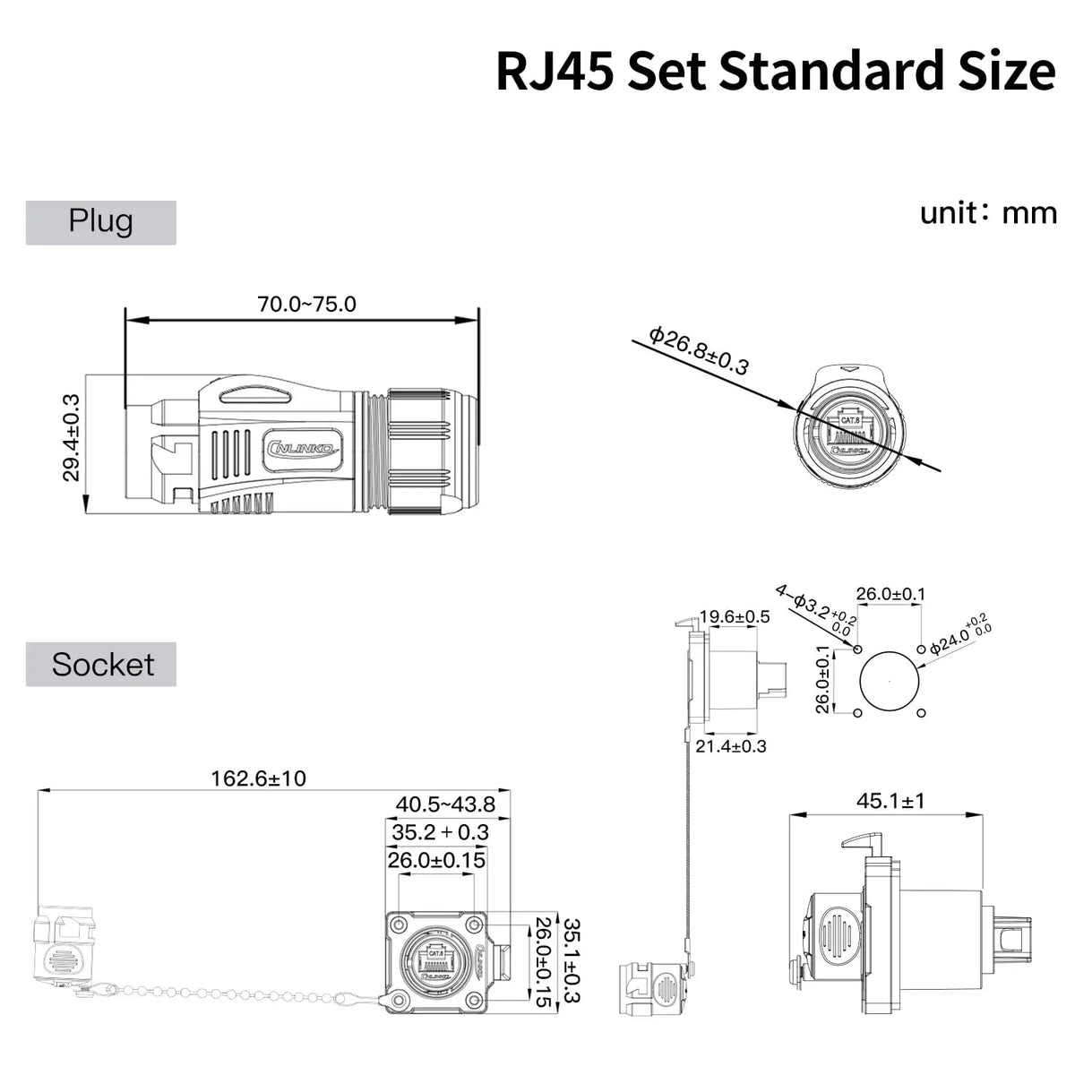 CNLINKO Panel Mount IP68 RJ45 Connector M24 Metal Shell Waterproof Ethernet Port for Industrial Device & Network Cabinet