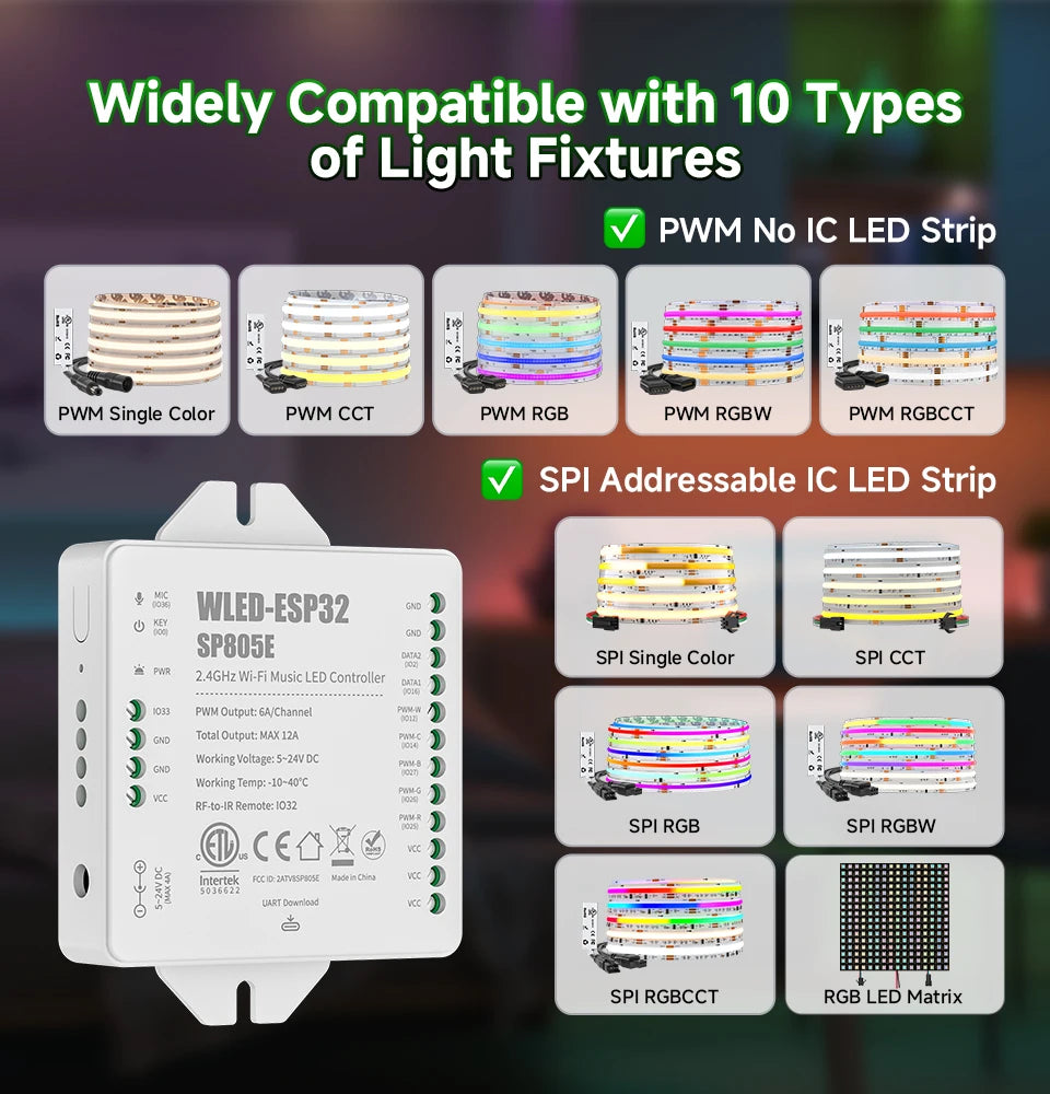 SP805E ESP32 WLED Controller WiFi Music LED Controller for Addressable WS2811 WS2812 WS2814 WS2815 SK6812 PWM CCT RGB Cob Strips