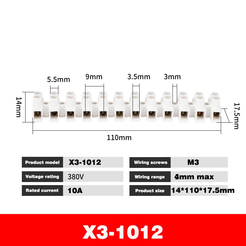 10Pcs 12 Position Electrical Wire Connector Retardant X3-1012 20A 30A Terminal Blocks Barrier Terminal Strip Plastic Terminal