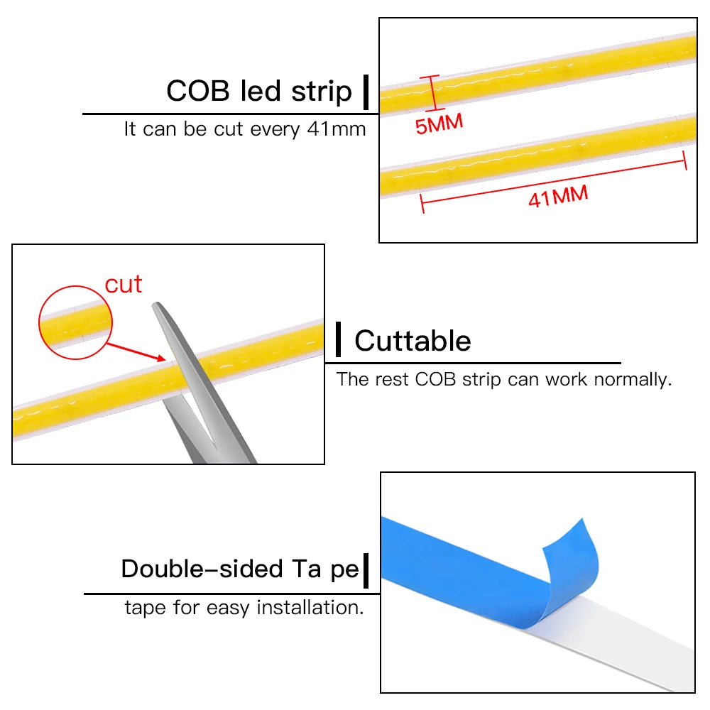 DC 5V 12V 24V COB LED Strip 320 384 480 528LEDs/m High Density Flexible COB LED Tape Light Bar 3MM 5MM 8MM PCB Linear Light