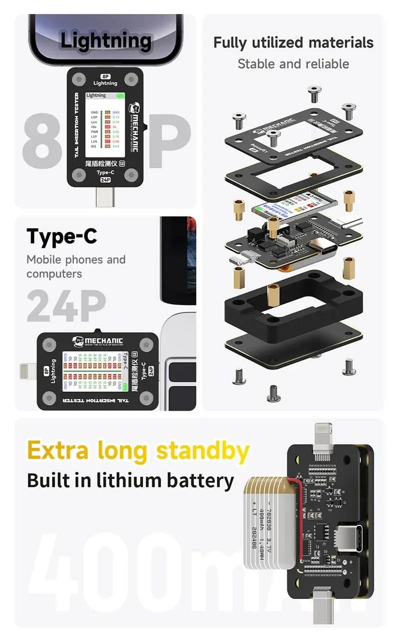 MECHANIC T-824 T824 SE Tail Insertion Tester Tail Insertion Detector Type-C Lightning I nterface for Phone Repair Tools