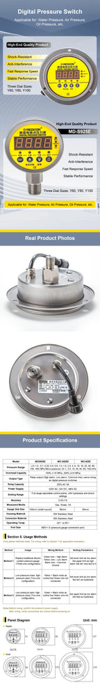 MD-S825E Electric Contact Pressure Gauge AC220V 380V DC24V 0.16-60MPa 304 Stainless Steel Digital Pressure Switch Meter